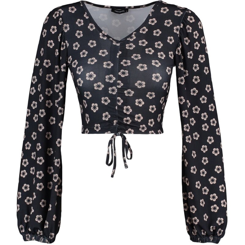 Trendyol Black Floral Print Shirring Detailed Fitted/Sleeping Crop V-Neck Knitted Blouse