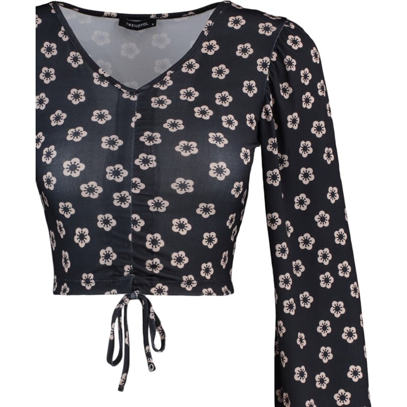 Trendyol Black Floral Print Shirring Detailed Fitted/Sleeping Crop V-Neck Knitted Blouse