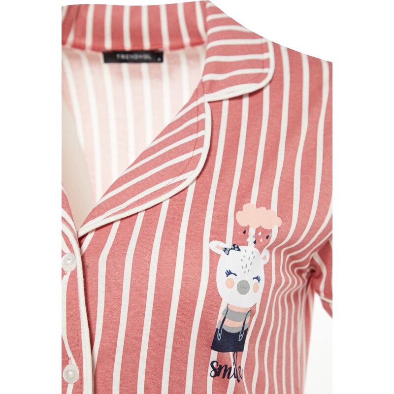 Trendyol Pink Cotton Striped Animal Printed Shirt-Pants Knitted Pajama Set