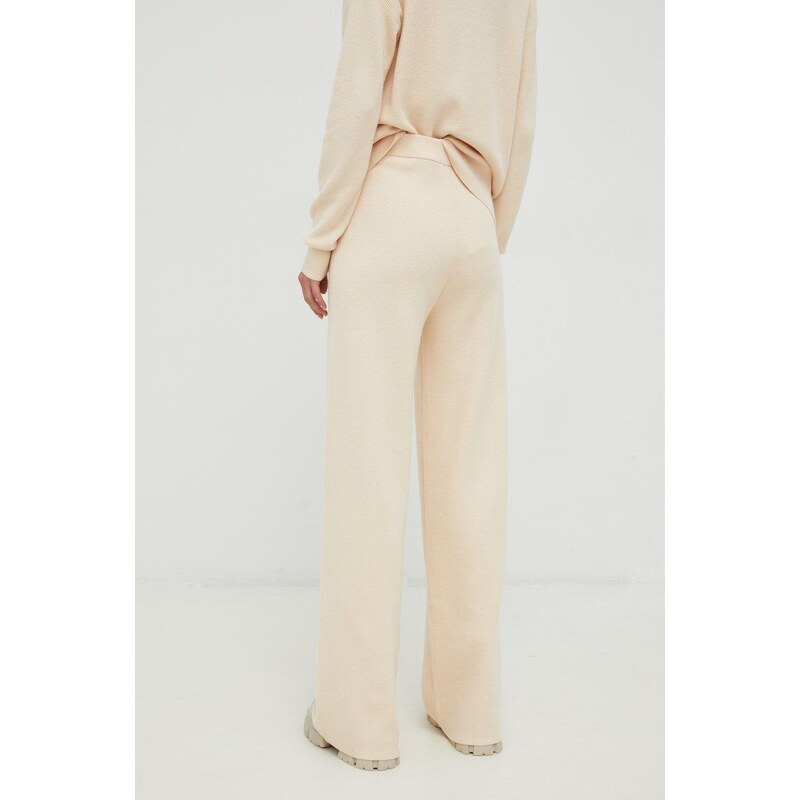 Kalhoty s příměsí vlny Calvin Klein dámské, béžová barva, jednoduché, high waist