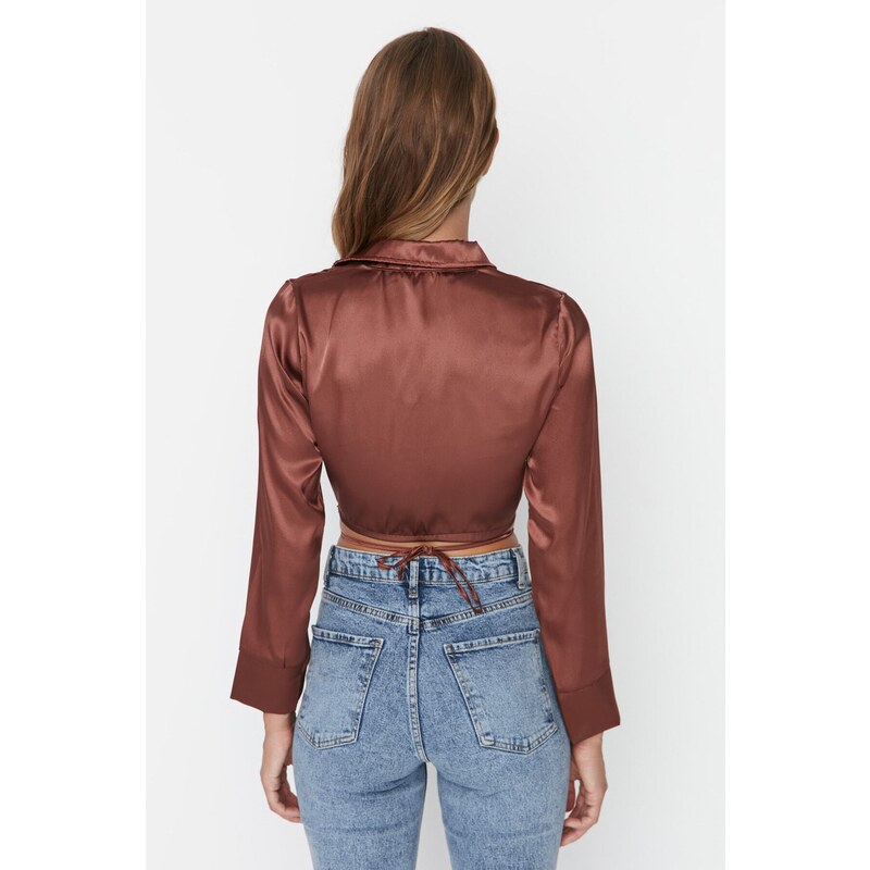 Trendyol Brown Crop Tie Detail Satin Woven Blouse