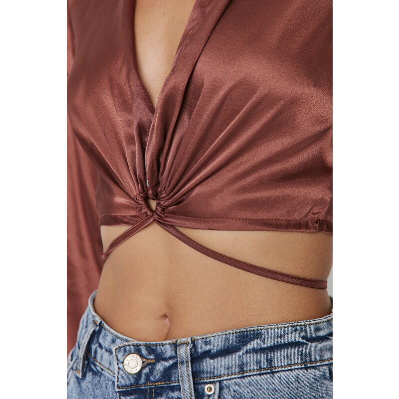 Trendyol Brown Crop Tie Detail Satin Woven Blouse