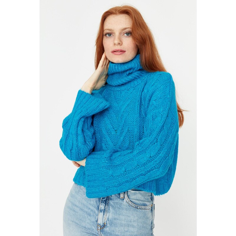 Trendyol Blue Crop Rolák pletený svetr