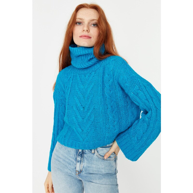 Trendyol Blue Crop Rolák pletený svetr