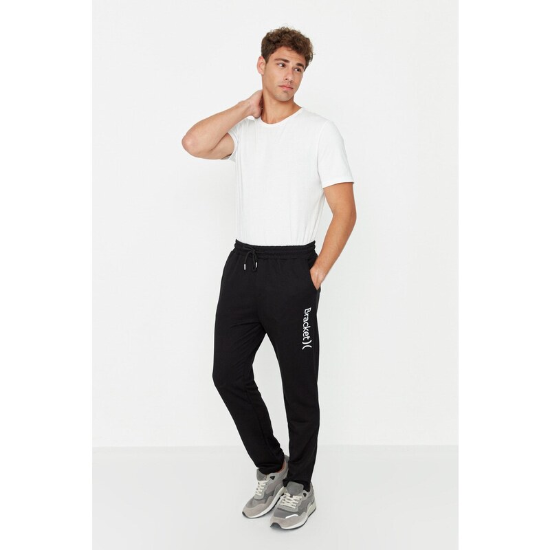 Trendyol Men's Black Regular Fit Printed Open Leg Cotton Sweatpants