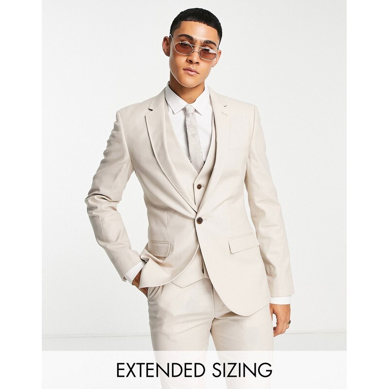 ASOS DESIGN super skinny linen mix suit jacket in stone-Neutral