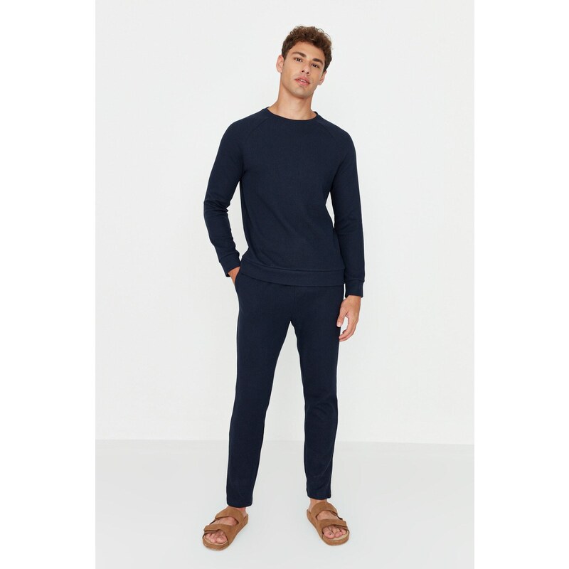 Trendyol Navy Blue Regular Fit Waffle Knitted Pajamas Set