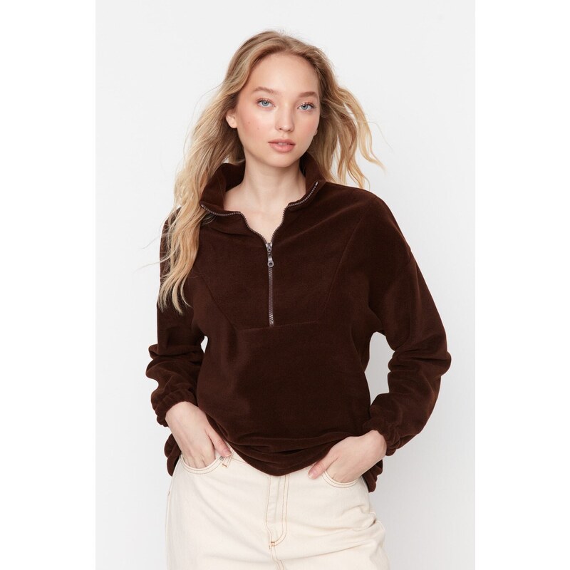 Trendyol Brown Zipper Detailed Fleece Knitted Sweatshirt