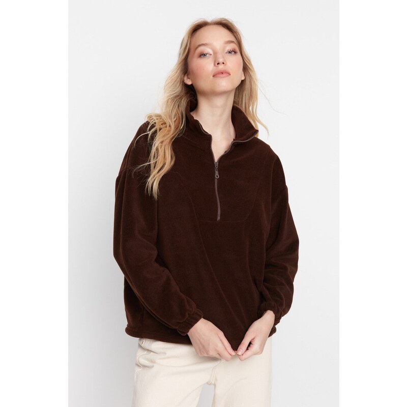 Trendyol Brown Zipper Detailed Fleece Knitted Sweatshirt