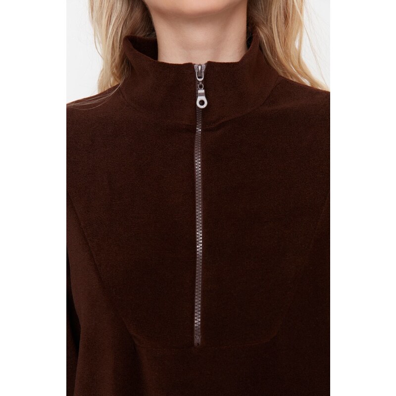 Trendyol Brown Zipper Detailed Fleece Knitted Sweatshirt