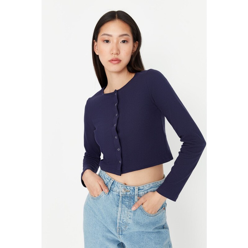 Trendyol Navy Blue Button Detailed Crop Crew Neck Ribbed Stretch Knitted Blouse