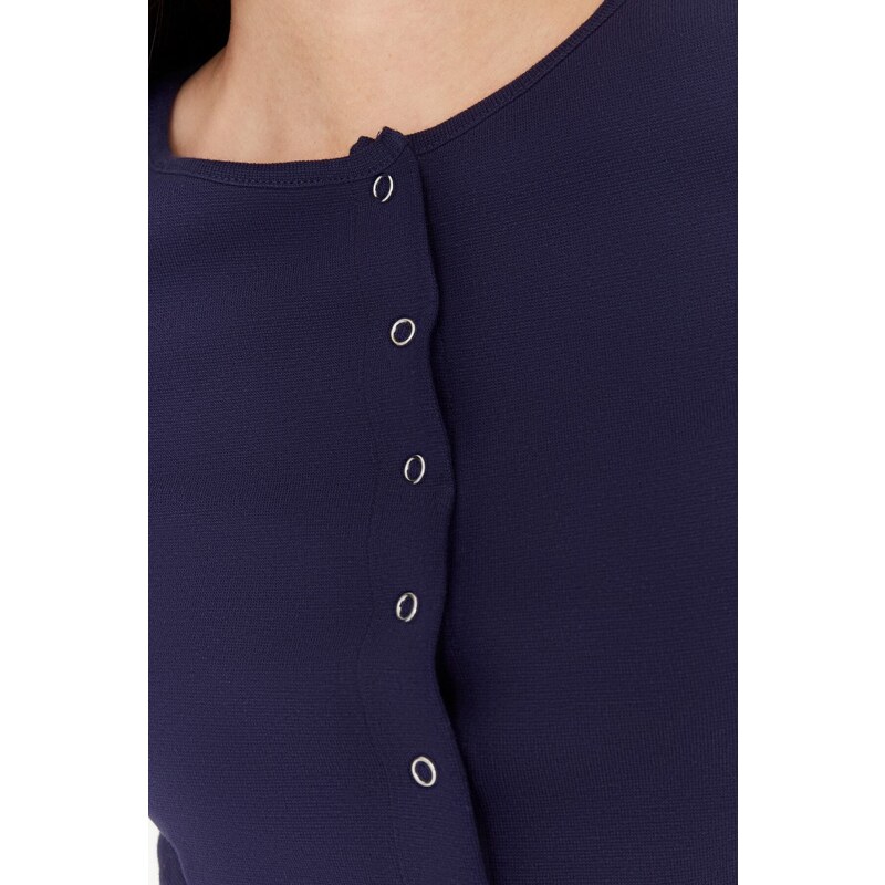 Trendyol Navy Blue Button Detailed Crop Crew Neck Ribbed Stretch Knitted Blouse