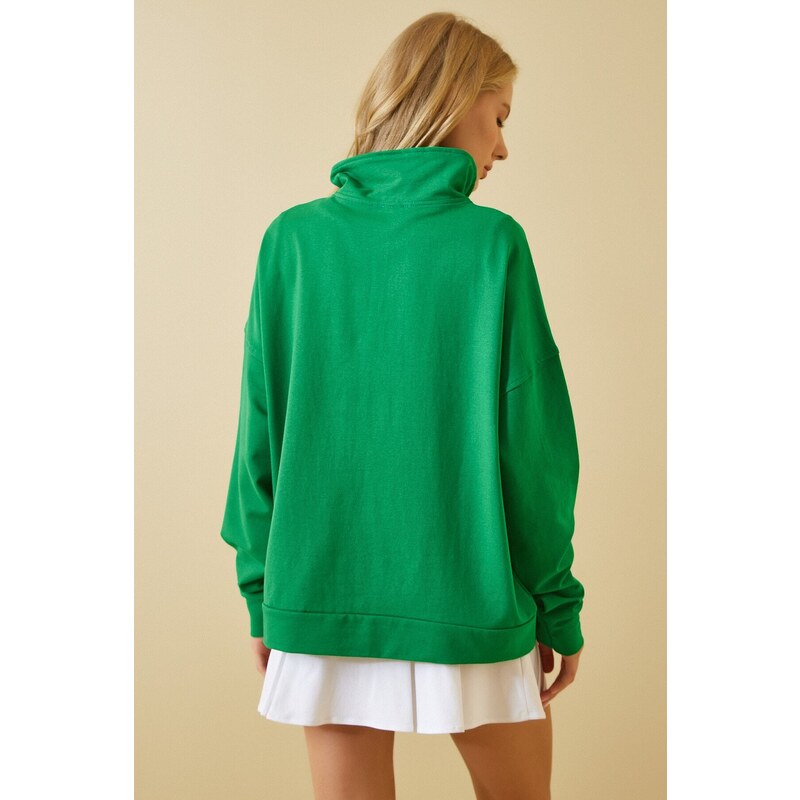 Happiness İstanbul Women's Green Zipper Collar Printed Seasonal Sweatshirt