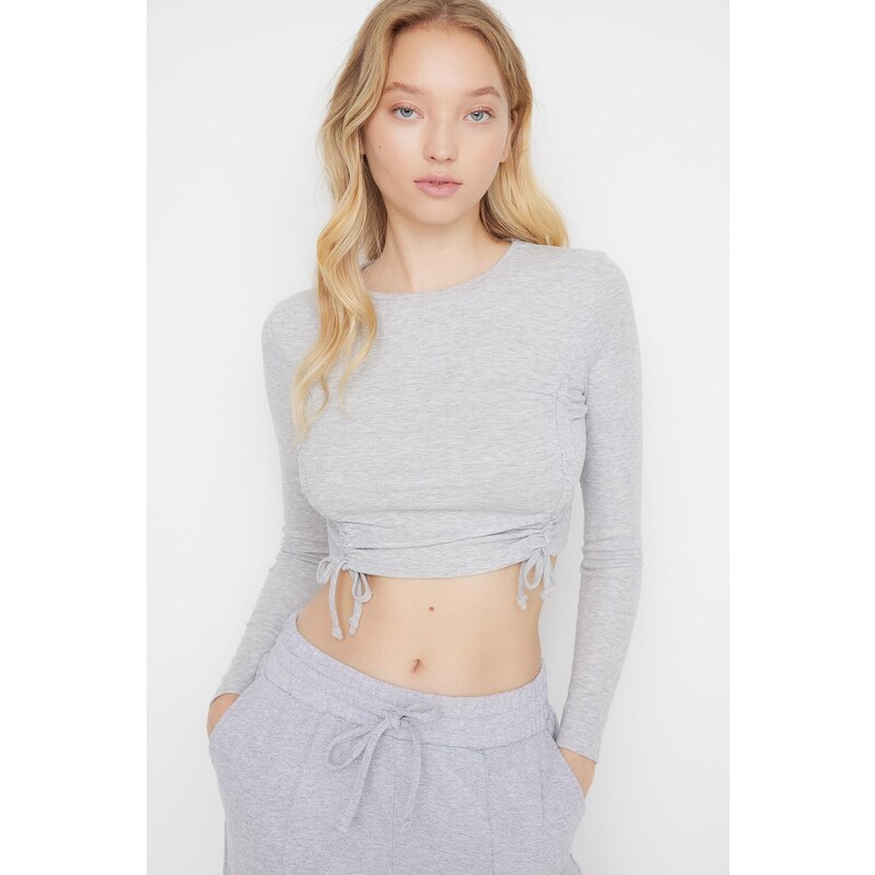 Trendyol Gray Shirring Detail Fitted Crop Crew Neck Ribbed Cotton Stretch Knitted Blouse