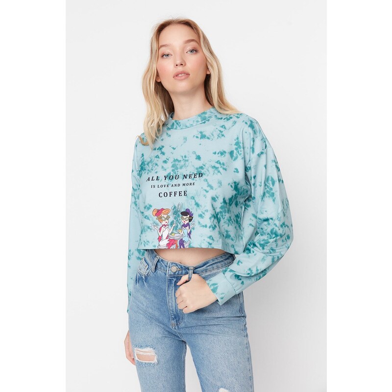 Trendyol Green The Flintstones Printed Crop Knitted Sweatshirt