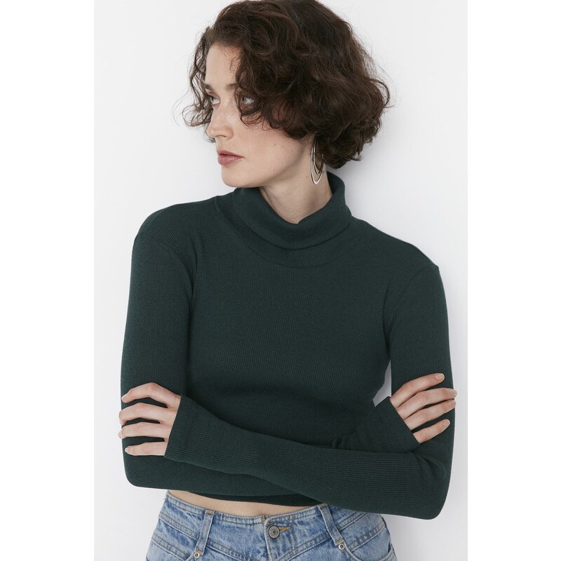 Trendyol Emerald Green Fitted Turtleneck Finger Detailed Ribbed Elastic Knitted Blouse