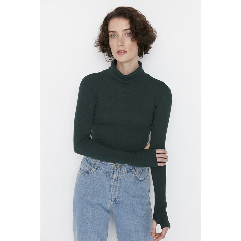 Trendyol Emerald Green Fitted Turtleneck Finger Detailed Ribbed Elastic Knitted Blouse