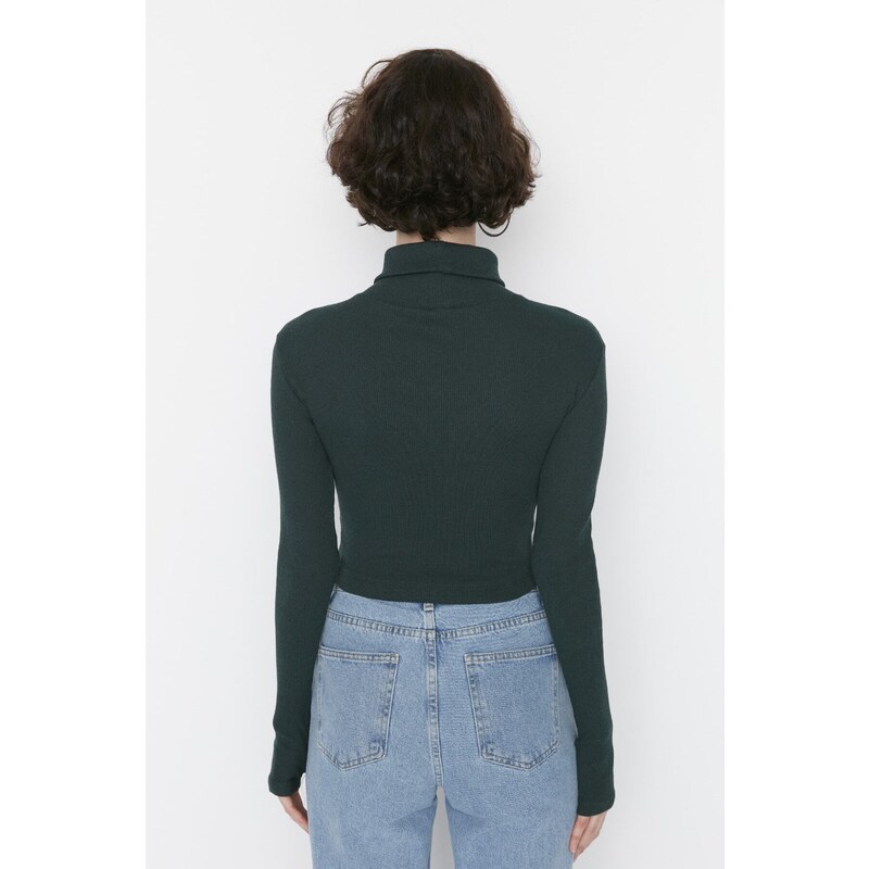 Trendyol Emerald Green Fitted Turtleneck Finger Detailed Ribbed Elastic Knitted Blouse