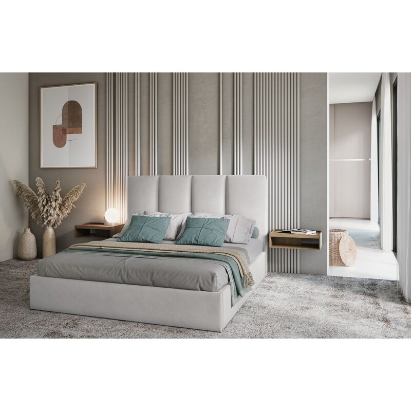 Světle šedá sametová dvoulůžková postel MICADONI Pyla 140 x 200 cm s úložným prostorem