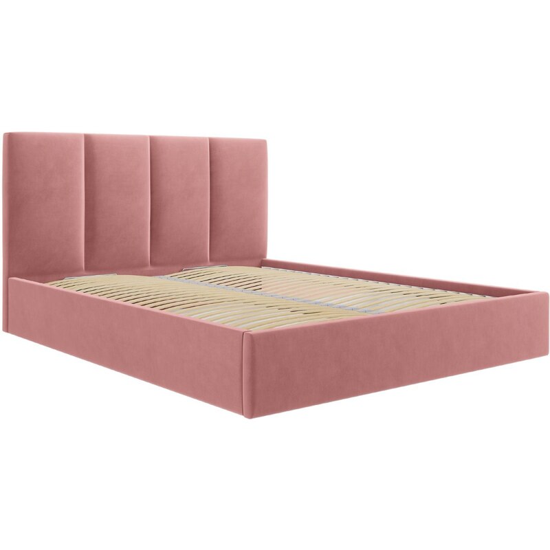 Růžová sametová dvoulůžková postel MICADONI Pyla 160 x 200 cm s úložným prostorem