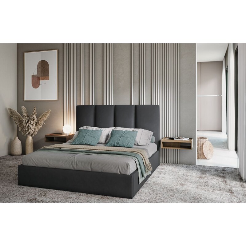 Tmavě šedá sametová dvoulůžková postel MICADONI Pyla 160 x 200 cm s úložným prostorem