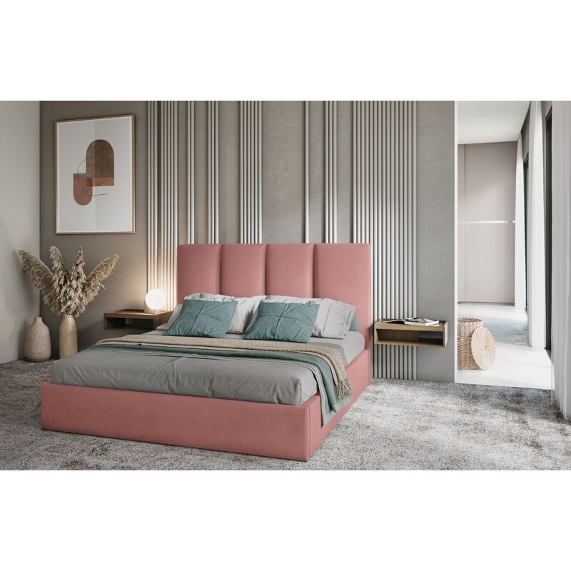 Růžová sametová dvoulůžková postel MICADONI Pyla 180 x 200 cm s úložným prostorem