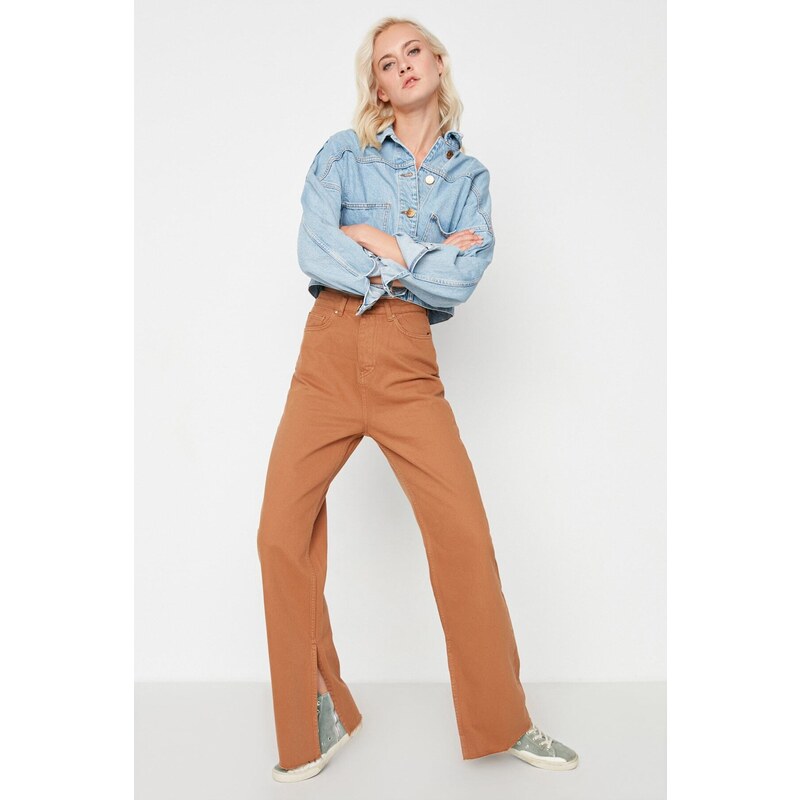 Trendyol Camel Slit High Waist Široké nohavice Džínové kalhoty 107049176