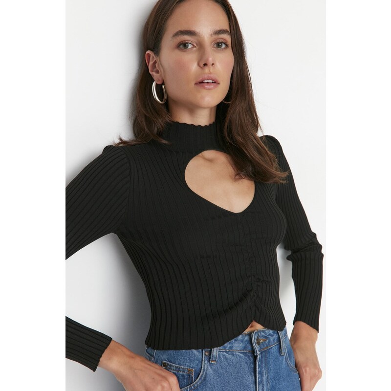 Trendyol Black Crop Cut Out Detailed Knitwear Sweater