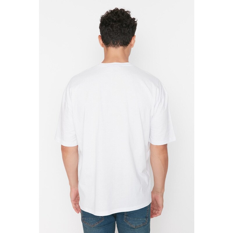 Trendyol White Oversize/Wide-Fit 100% Cotton Crew Neck City Printed T-Shirt