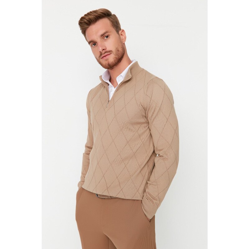 Trendyol Camel Slim Fit Half Turtleneck Zipper Neck Smart Knitwear Sweater