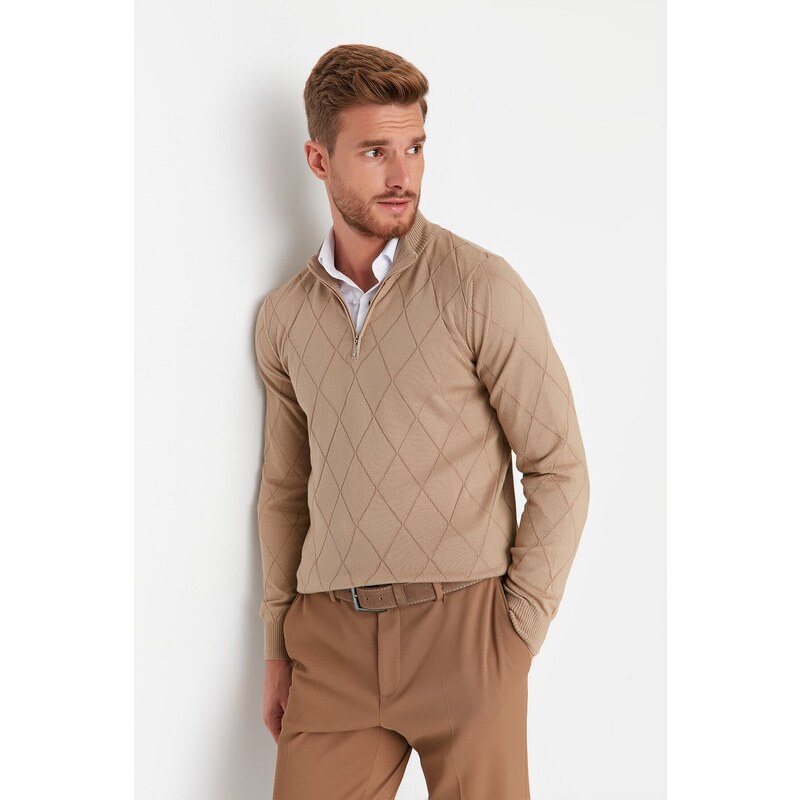 Trendyol Camel Slim Fit Half Turtleneck Zipper Neck Smart Knitwear Sweater