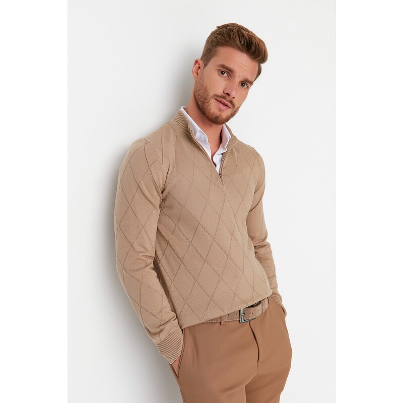 Trendyol Camel Slim Fit Half Turtleneck Zipper Neck Smart Knitwear Sweater