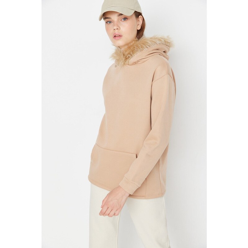 Trendyol Beige Loose Hooded Fleece Fleece Sports Sweatshirt