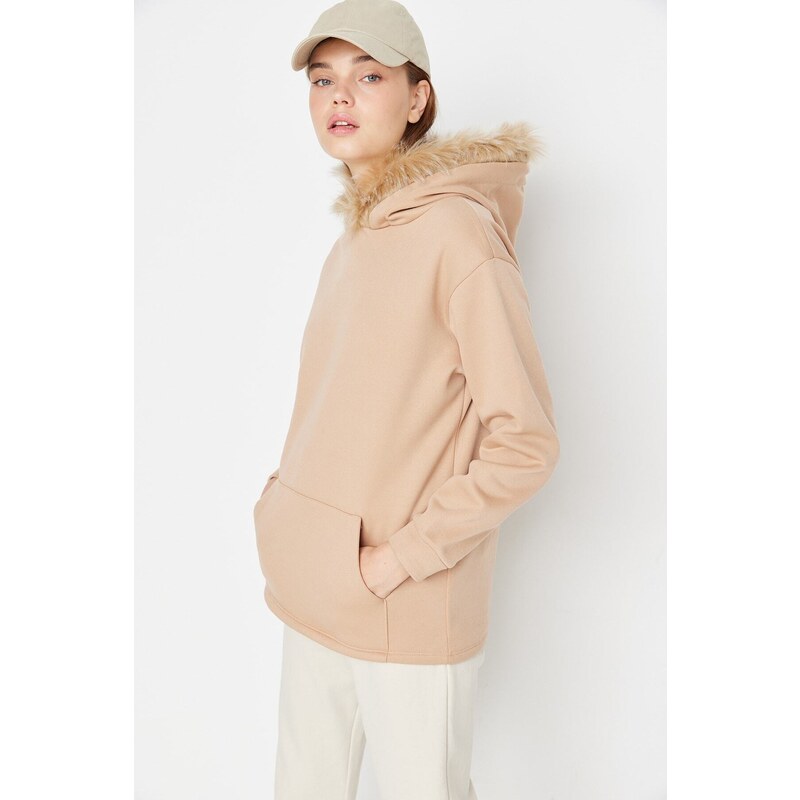 Trendyol Beige Loose Hooded Fleece Fleece Sports Sweatshirt