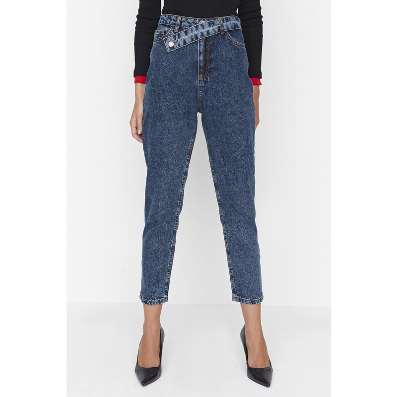 Trendyol Navy Blue Waist Detailed High Waist Mom Jeans