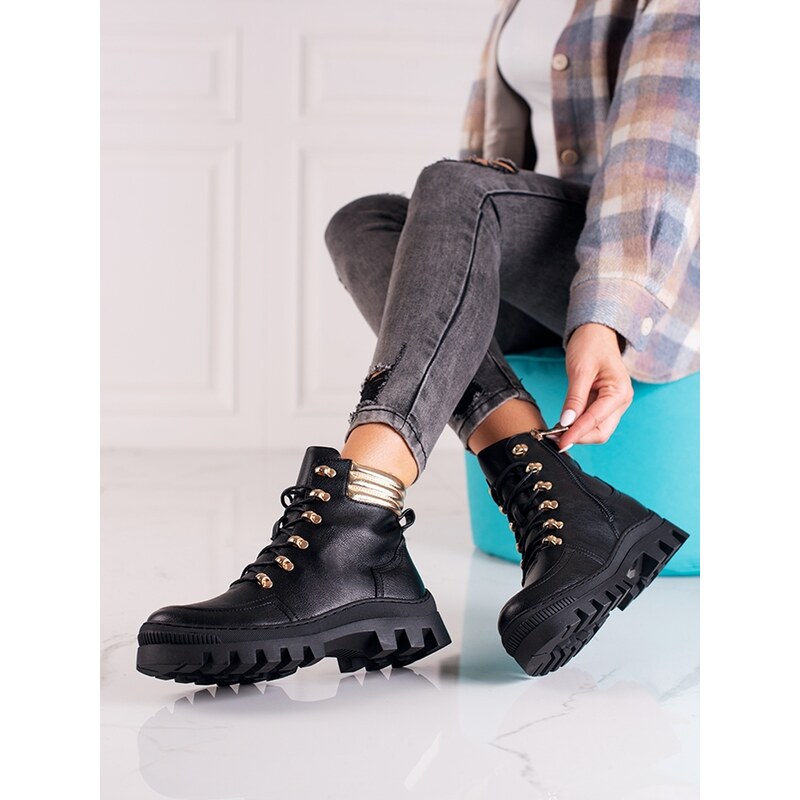 W. POTOCKI Exkluzívní dámské černé kotníčkové boty na plochém podpatku