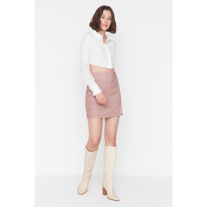 Trendyol Brown A-Line Weave Mini Plaid Skirt
