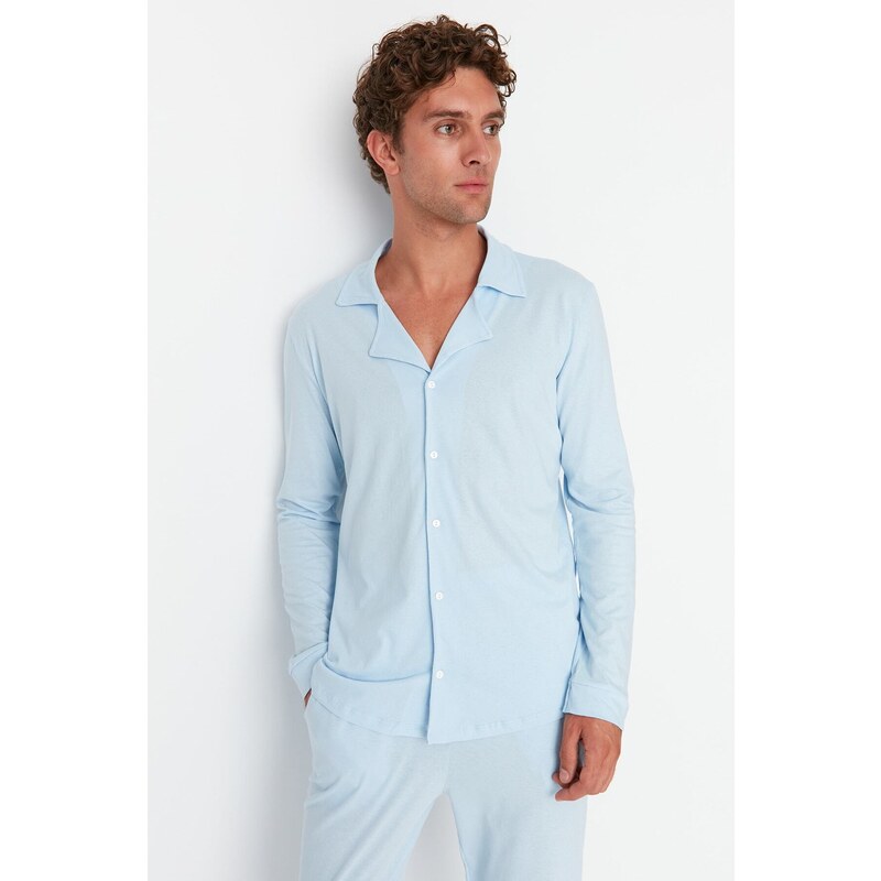 Trendyol Blue Men's Regular Fit Knitted Pajamas Set, Family Combine