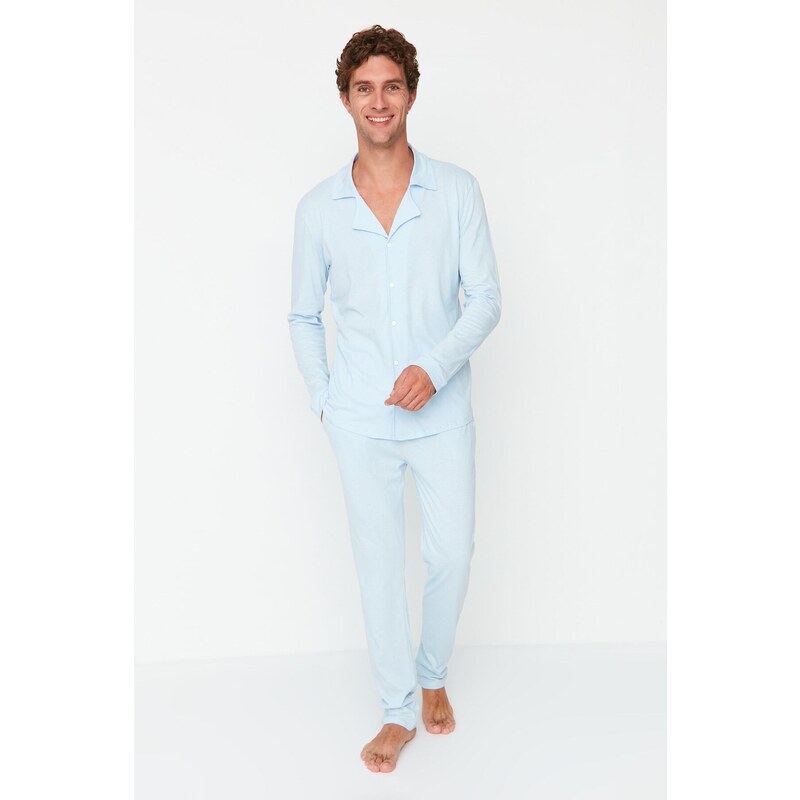 Trendyol Blue Men's Regular Fit Knitted Pajamas Set, Family Combine