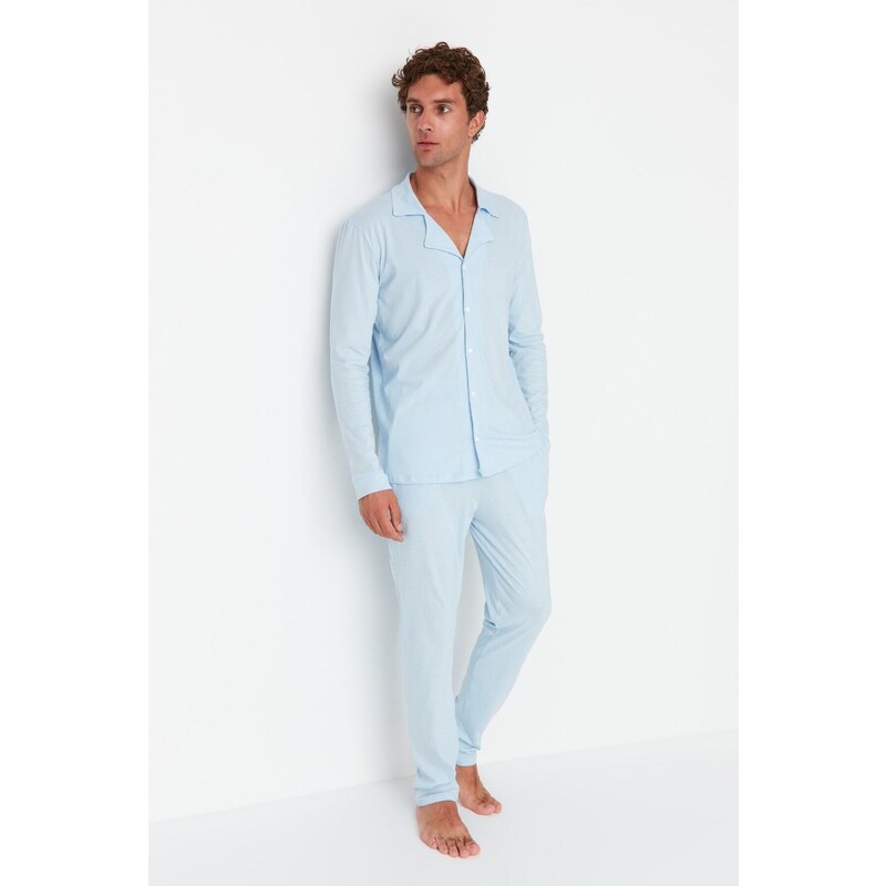 Trendyol Blue Men's Regular Fit Knitted Pajamas Set, Family Combine