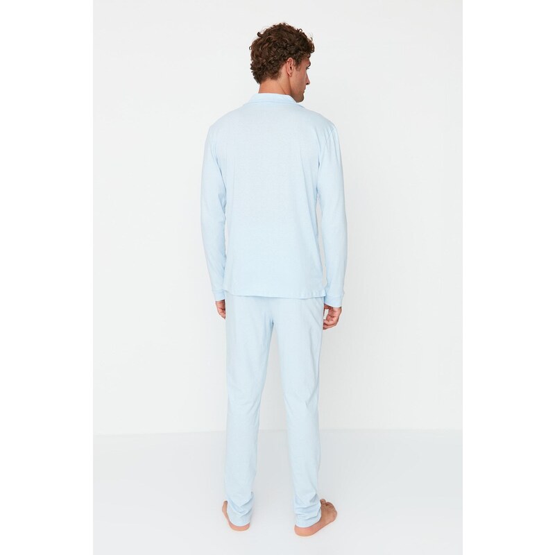 Trendyol Blue Men's Regular Fit Knitted Pajamas Set, Family Combine