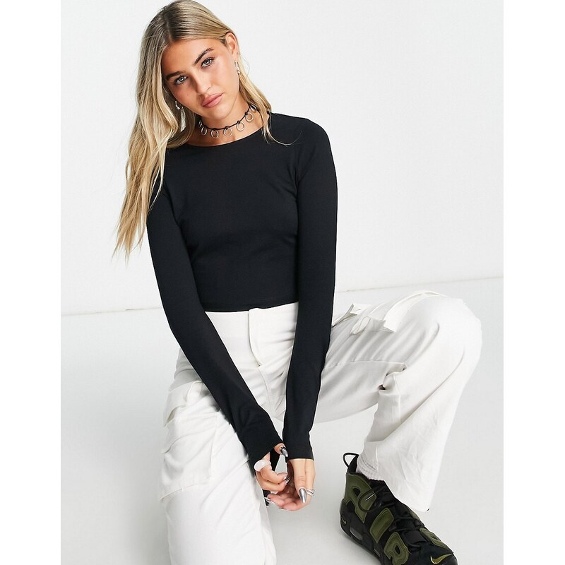 ASOS DESIGN fitted crop t-shirt with long sleeve in black