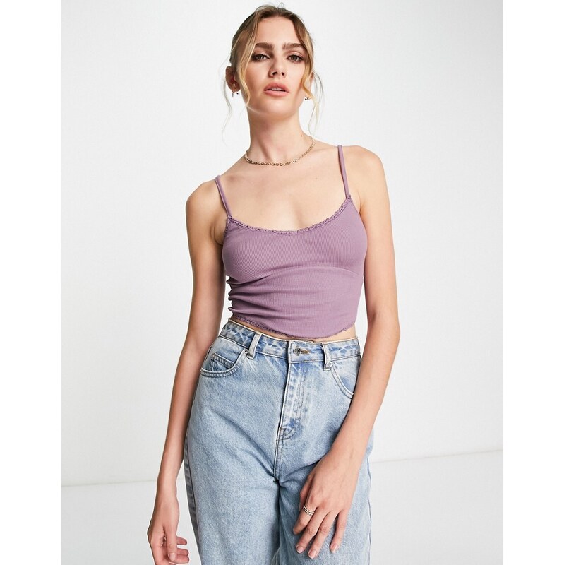 ASOS DESIGN cami with scarf hem and lace trim in lilac-Purple 106410008