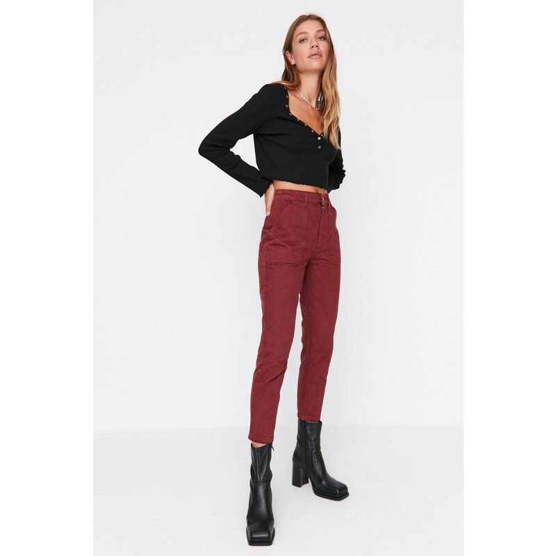 Trendyol Claret Red High Waist Mom Jeans with Pockets