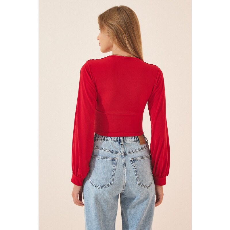 Happiness İstanbul Women's Red Deep V Neck Crop Sandy Knitted