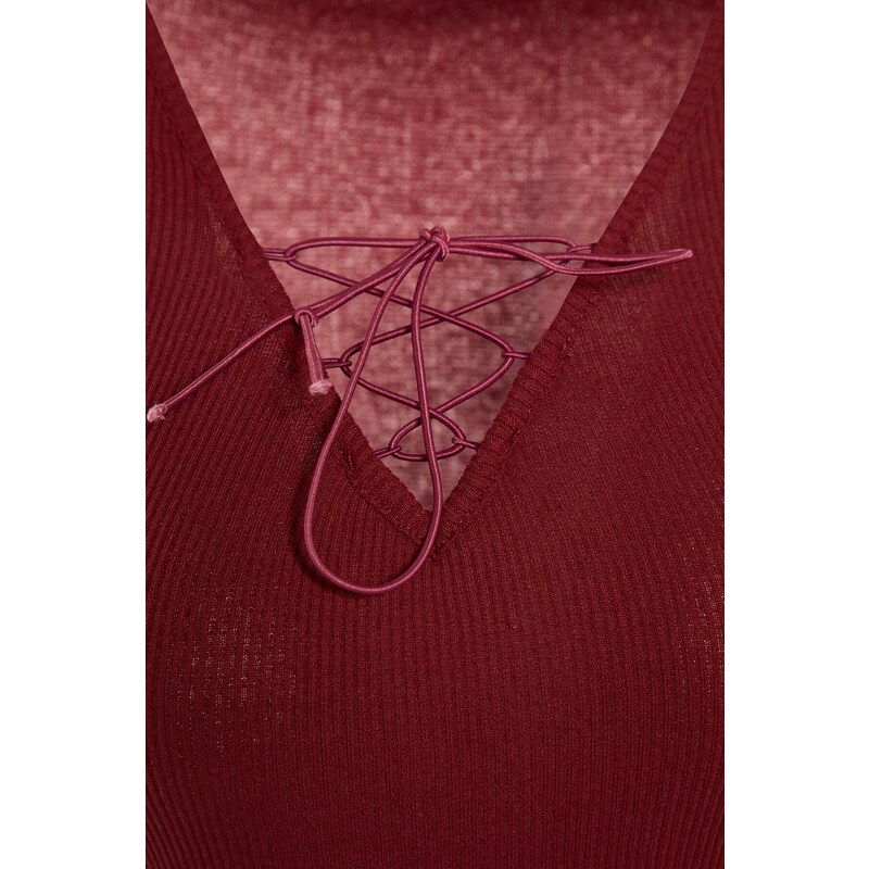 Trendyol Claret Red Tie Detailní manšestrové pletené šaty