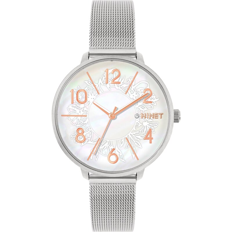 MINET Stříbrné dámské hodinky PRAGUE Silver Flower Mesh s čísly 73329452