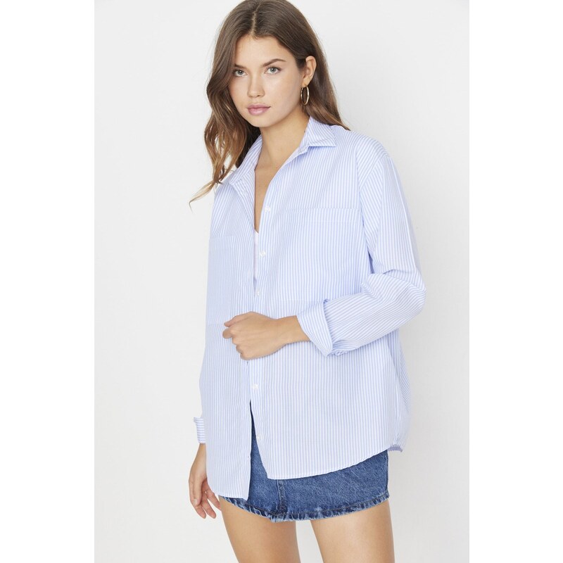 Trendyol modrá pruhovaná kapsa Detailní oversize / Crosssuit tkaná košile