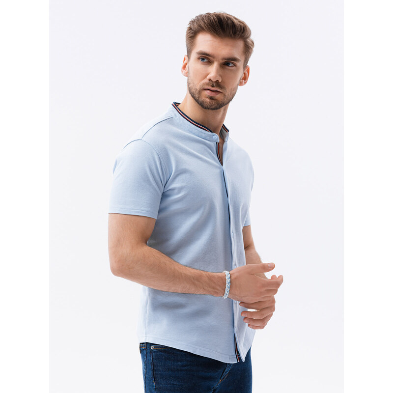 Ombre Clothing Pánská pletená košile s krátkým rukávem - modrá V3 K543