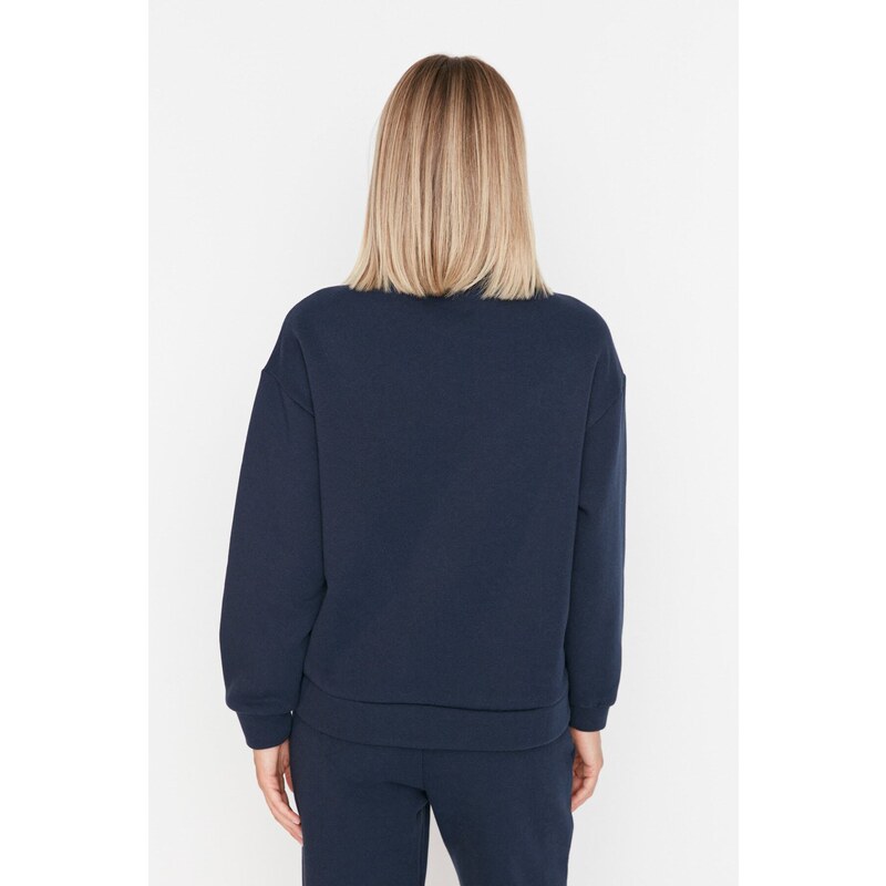 Trendyol Navy Blue Oversize/Wide Printed Zipper High Neck Thick Fleece Sweatshirt